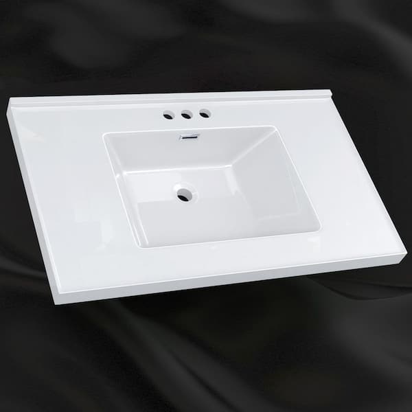 Ter 36 in. W x 22 in. D Solid Surface White Rectangular Single Sink Vanity Top with Backsplash Basin 3 Holes Countertop