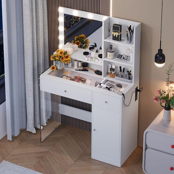 Nestfair White 35.4 in. W Makeup Vanity with Glass Top, Dresser with Mirror, 3 Lighting Modes, Storage Shelves and 2 Drawers