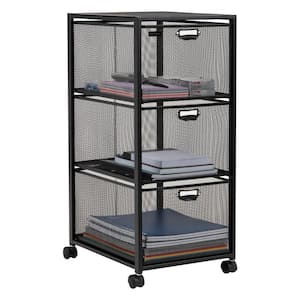 3-Tier Metal 4-Wheeled Rolling Cart with Drawers in Black