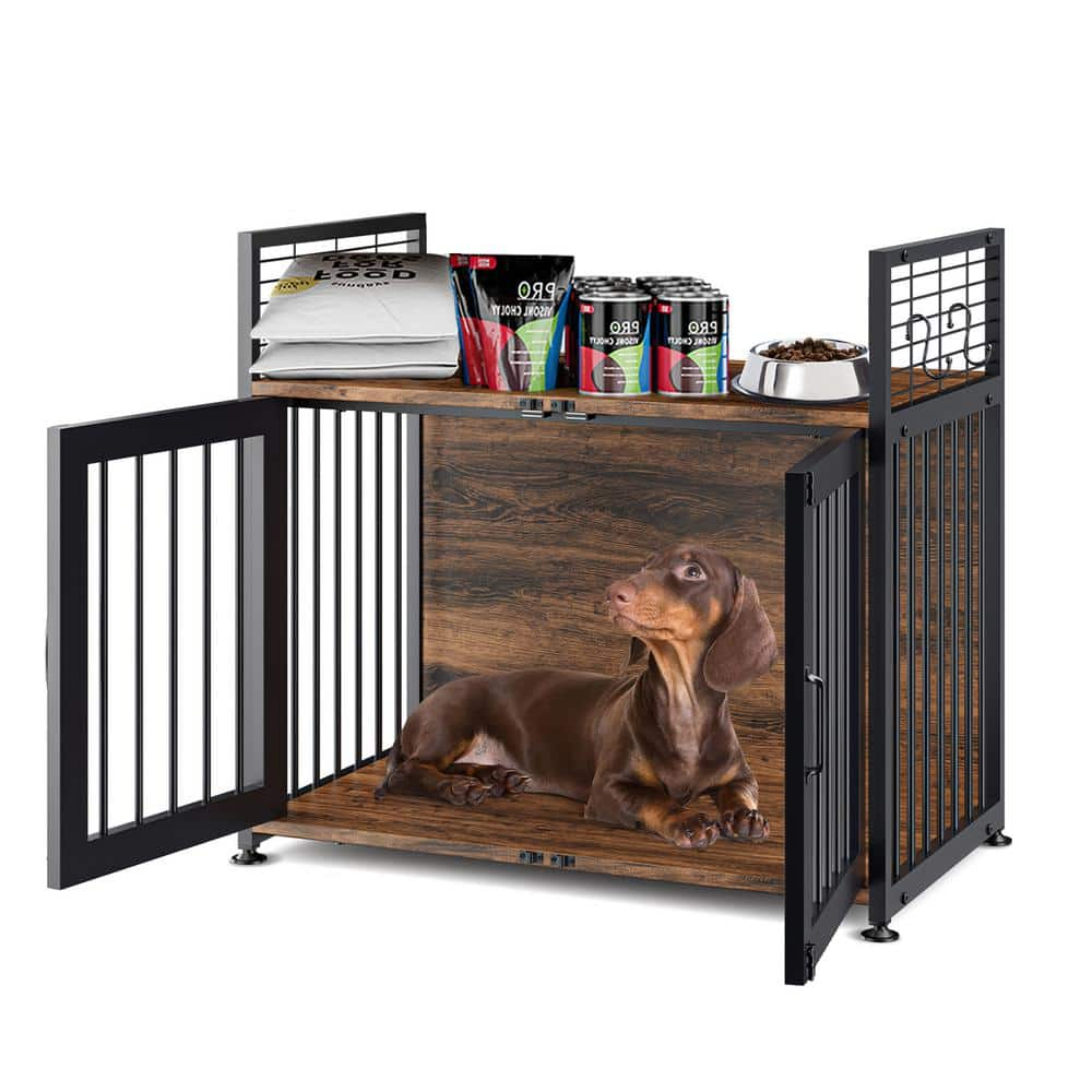 BOZTIY Dog Crate Furniture 37 in. Wooden Heavy Duty Kennel Metal Mesh Pet Crate End Table for Medium Small Dog Chew Resistant I1331400A S The