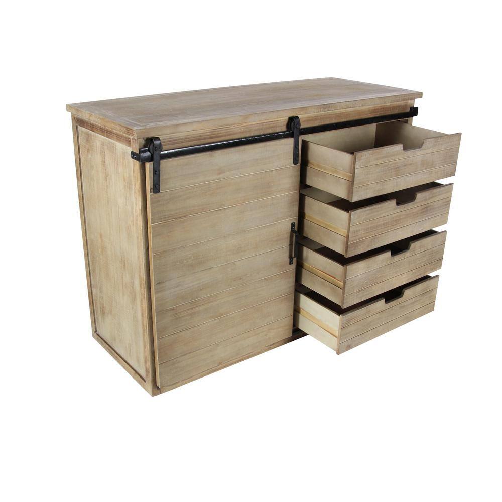 Brown Fir Wood Rustic Cabinet with Drawers and Sliding Door