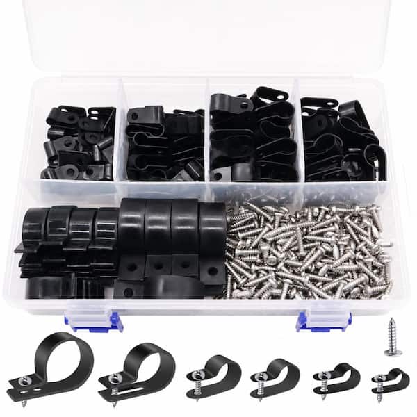 306-Piece Nylon R-Type Cable Clips Assortment with Steel Screws, 6 Sizes 3/16 to 1 in for Wire Routing