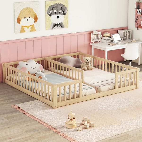 Harper & Bright Designs Natural Twin Size Wood Frame Double Kid Bed with Fence