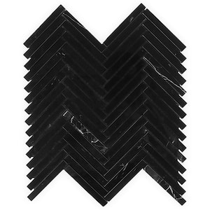 Nero Marquina Black 4 in. x 0.39 in. Polished Marble Floor and Wall Mosaic Tile Sample