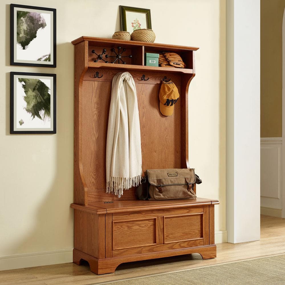 Campbell Oak Hall Tree with Spacious Storage Bench and Double Hooks