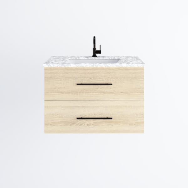 VOLPA USA AMERICAN CRAFTED VANITIES Napa 36 W x 22 D x 21-3/4 H Single Sink Bathroom Vanity Wall Mounted in White Oak with Carrera Marble Countertop