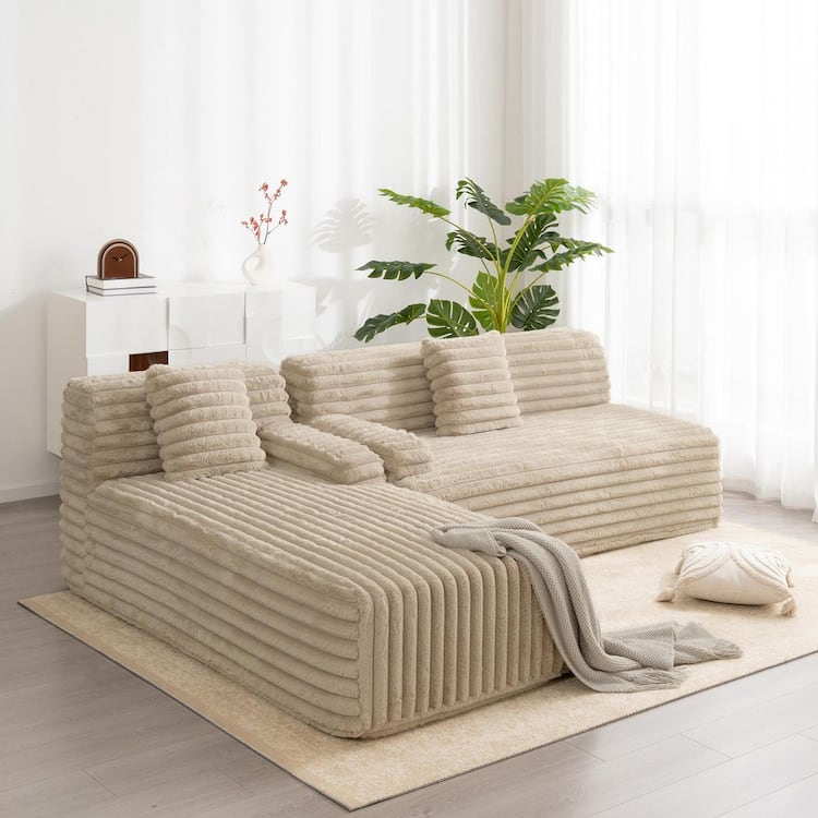 Nestfair 73 in. Faux Rabbit Fur Fabric Free-combined Sectional Sofa in. Light Coffee