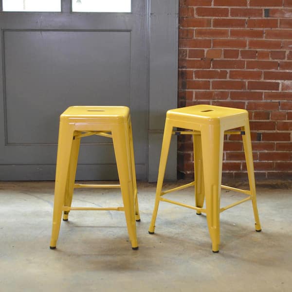 24 in. Golden Yellow Metal, Backless, Stackable Bar Stool (Set of 2)