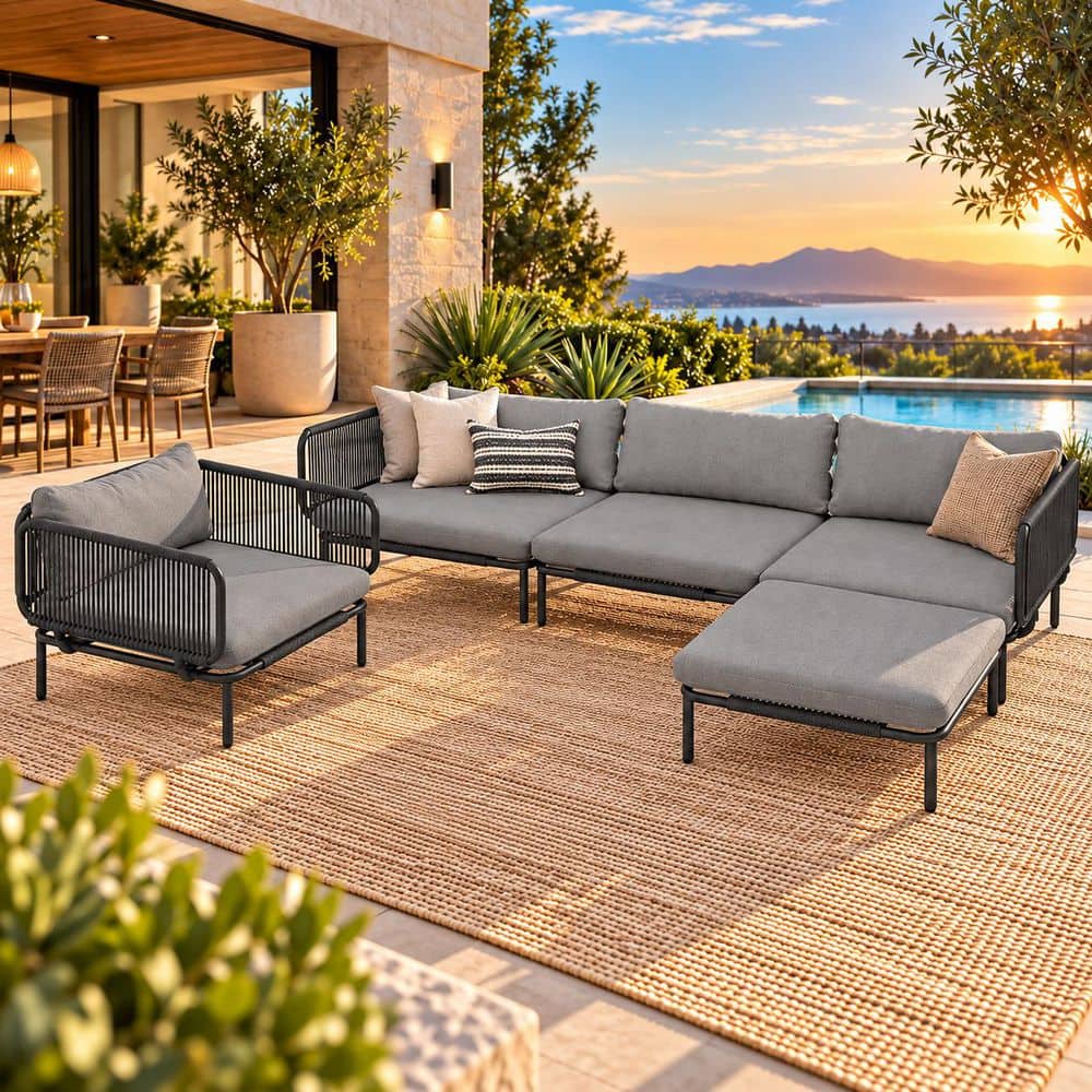 5-Piece Metal Patio Outdoor Sectional Sofa Set with Dark Gray Cushions and Removable Armrests for Garden