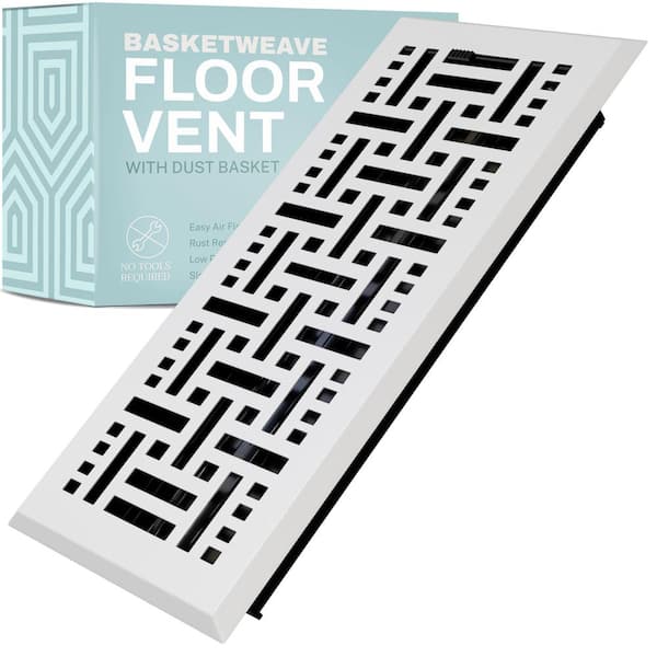 HOME INTUITION Basketweave 4 x 10 in. Decorative Floor Register Vent with Mesh Cover Trap, White