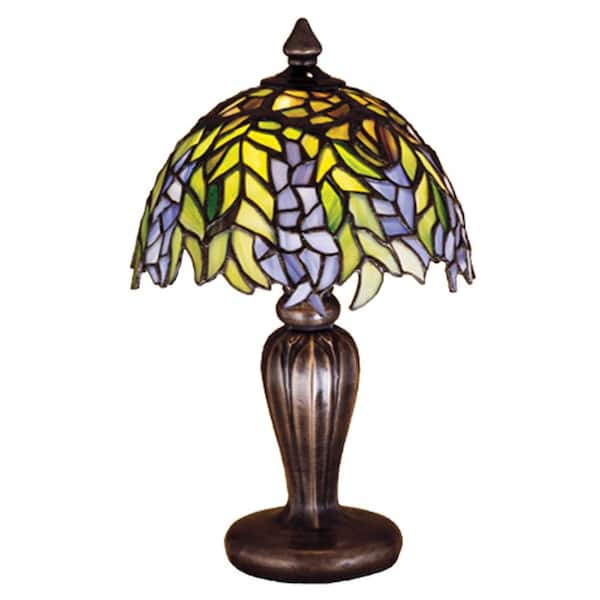 MEYDA Honey Locust 13 in. Mahogany Bronze Victorian Mini Table Lamp with Multicolored Stained Glass Shade