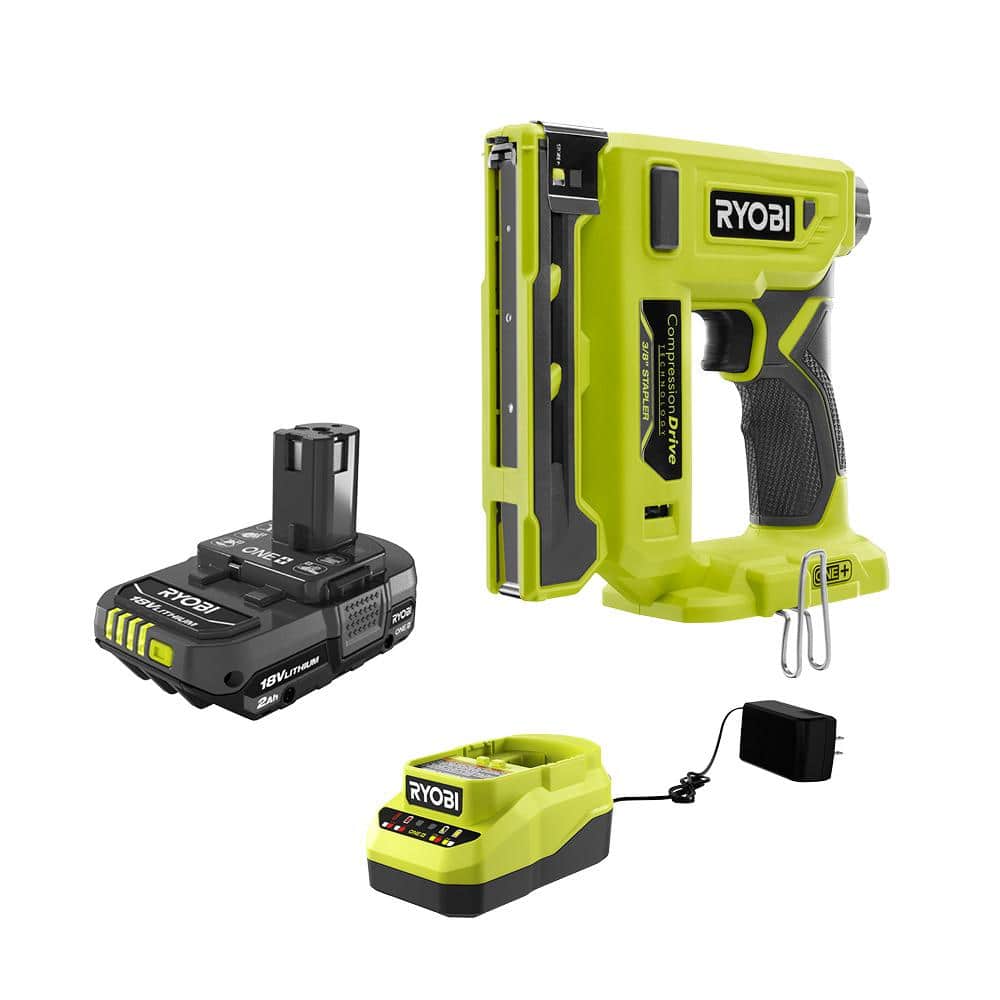 RYOBI ONE+ 18V Cordless Compression Drive 3/8 in. Crown Stapler and 2.0 Ah Compact Battery and Charger Starter Kit (P317-PSK005)