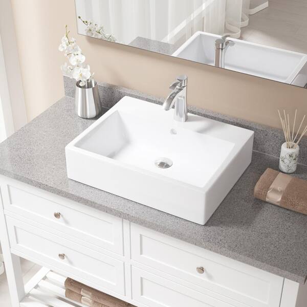 V2502-White Porcelain Vessel Sink Chrome Ensemble with 725 Vessel Faucet Bundle - 3 Items: Sink, Faucet, and Pop Up Drain MR Direct V2502-W-725-C 