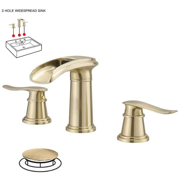 8 in. Waterfall Widespread 2-Handle Bathroom Solid Brass Faucet With Pop-up Drain Assembly in Spot Resist Brushed Gold