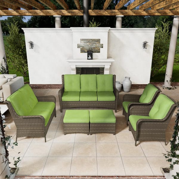 MeetLeisure 6-Piece Steel Outdoor Patio Conversation Seating Set Backyard Garden with Green Cushions