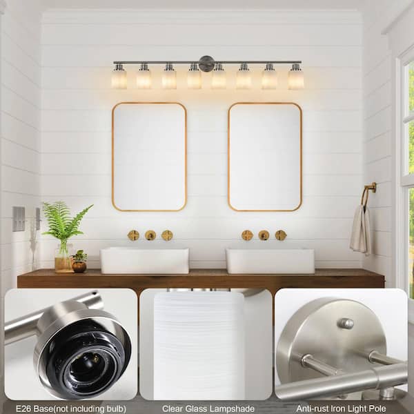 52 in. 8 Light Nickel Bathroom Vanity with Frosted White Glass, Modern Wall Sconce for Dressing Room, Bulbs NOT Included