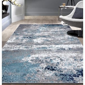 Distressed Modern Abstract Watercolor Blue 3 ft. 3 in. x 5 ft. Area Rug