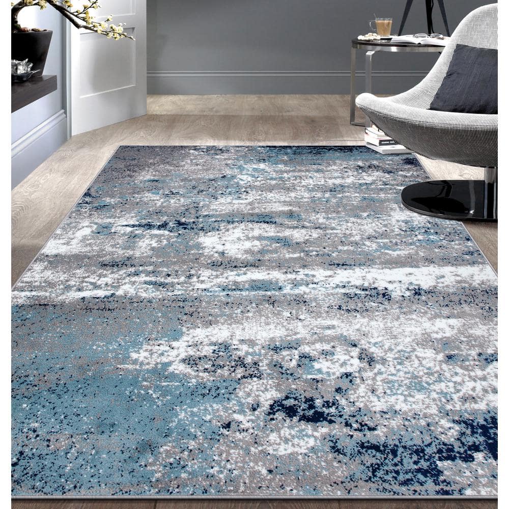 Reversible Abstract Watercolor Blue 5' x 7' Easy-Care Area Rug