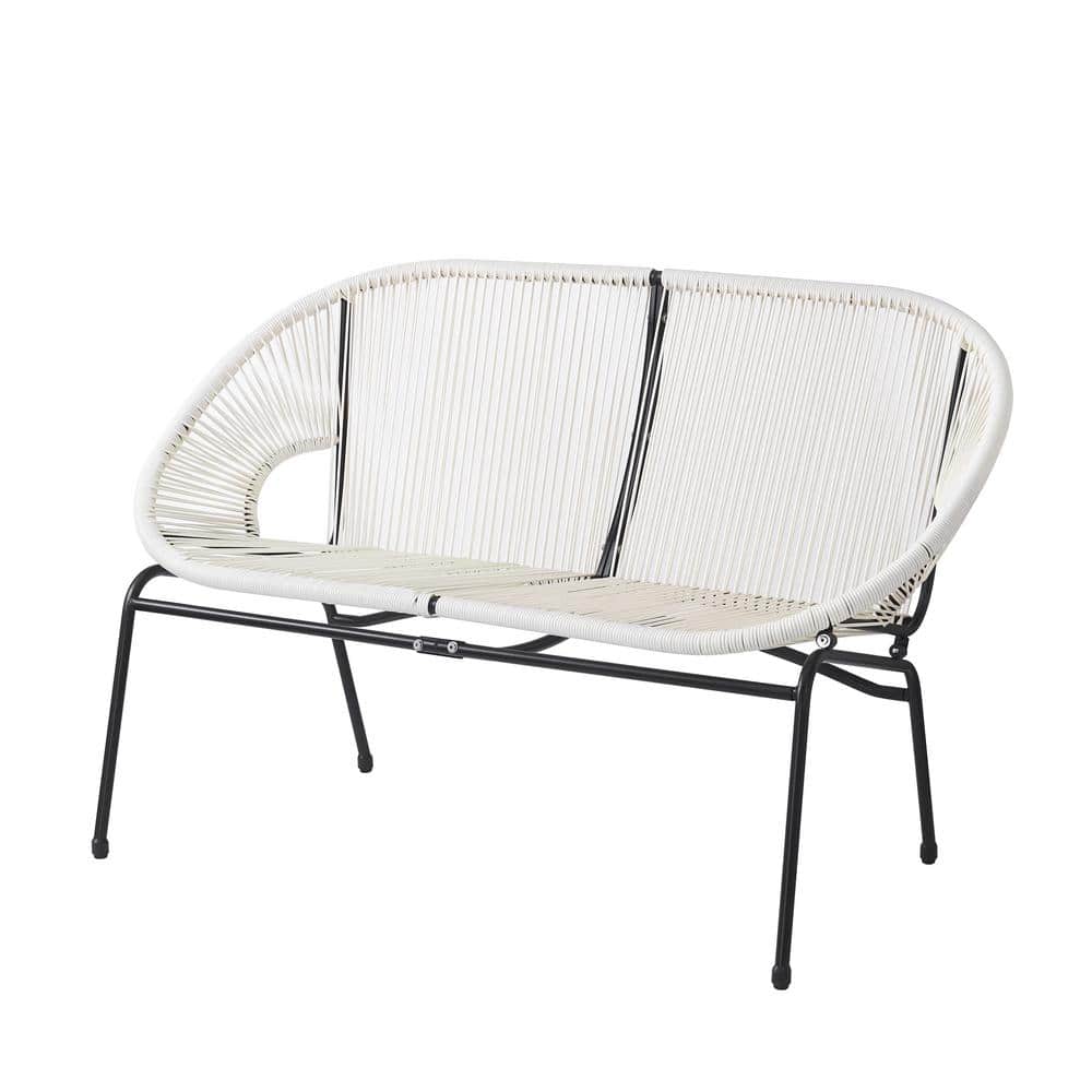 White Wicker and Metal Two-Seater Outdoor Loveseat