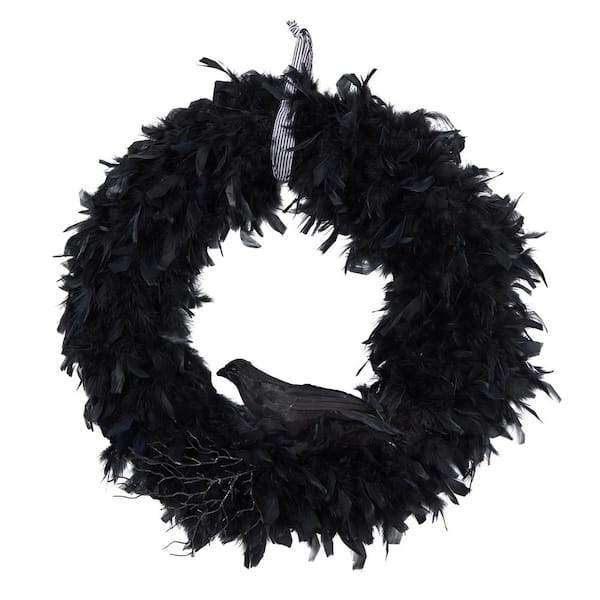 Nearly Natural 30 in. Black Raven Feather Halloween Wreath