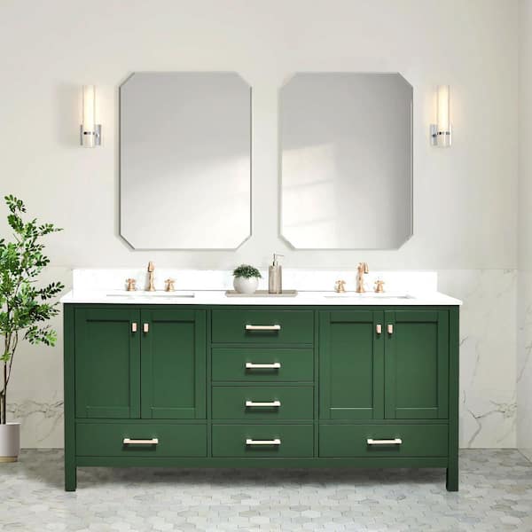 Bath Mist 72 in. W. Double Sink Freestanding Bath Vanity in Green with White Engineered Top