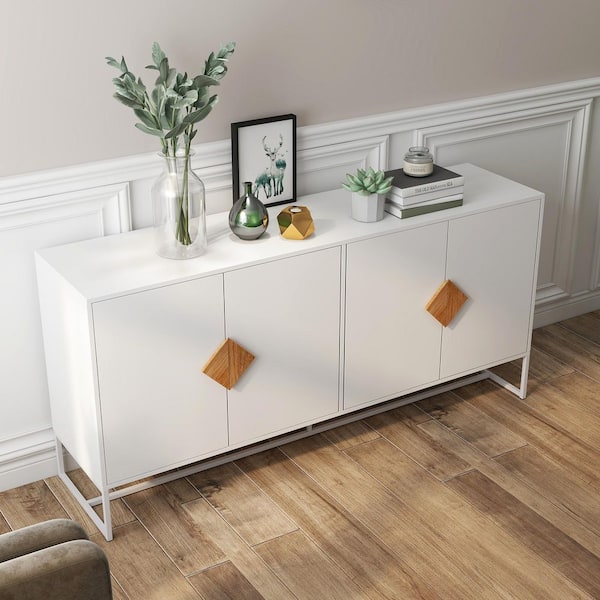 Otryad Solid Wood Special Shape Square Handle Design with 4-Doors and Double Storage Sideboard in White