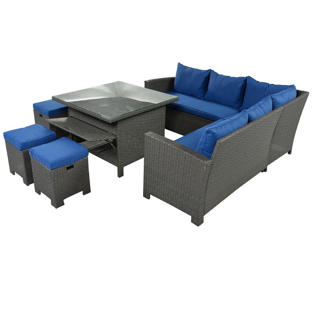 8-Piece Wicker Outdoor Dining Set with Ottoman and Blue Cushions