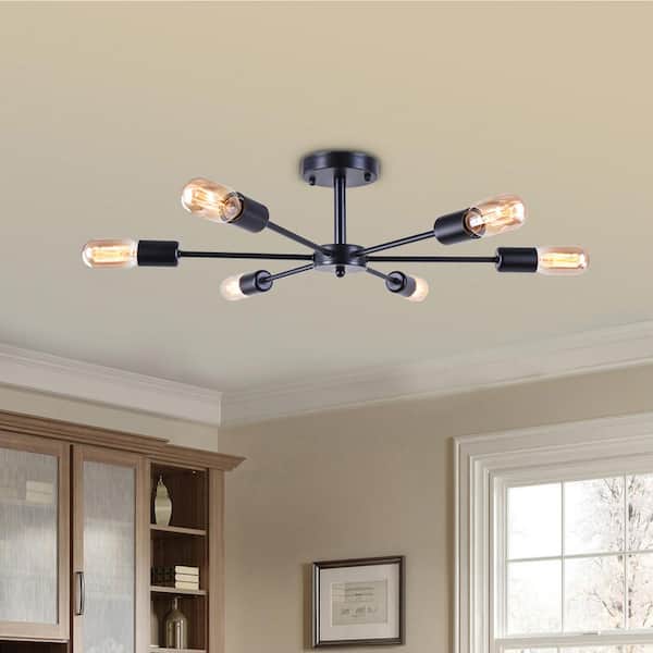 Rennnsan Claire 23.62 in. 6-Light Black Mid-Century Pendant Ceiling Light Sputnik Semi- Flush Mount Light