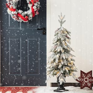 4 ft. Pre-Lit Flocked Fir Artificial Christmas Tree with 100 Warm White Lights and Red Berries