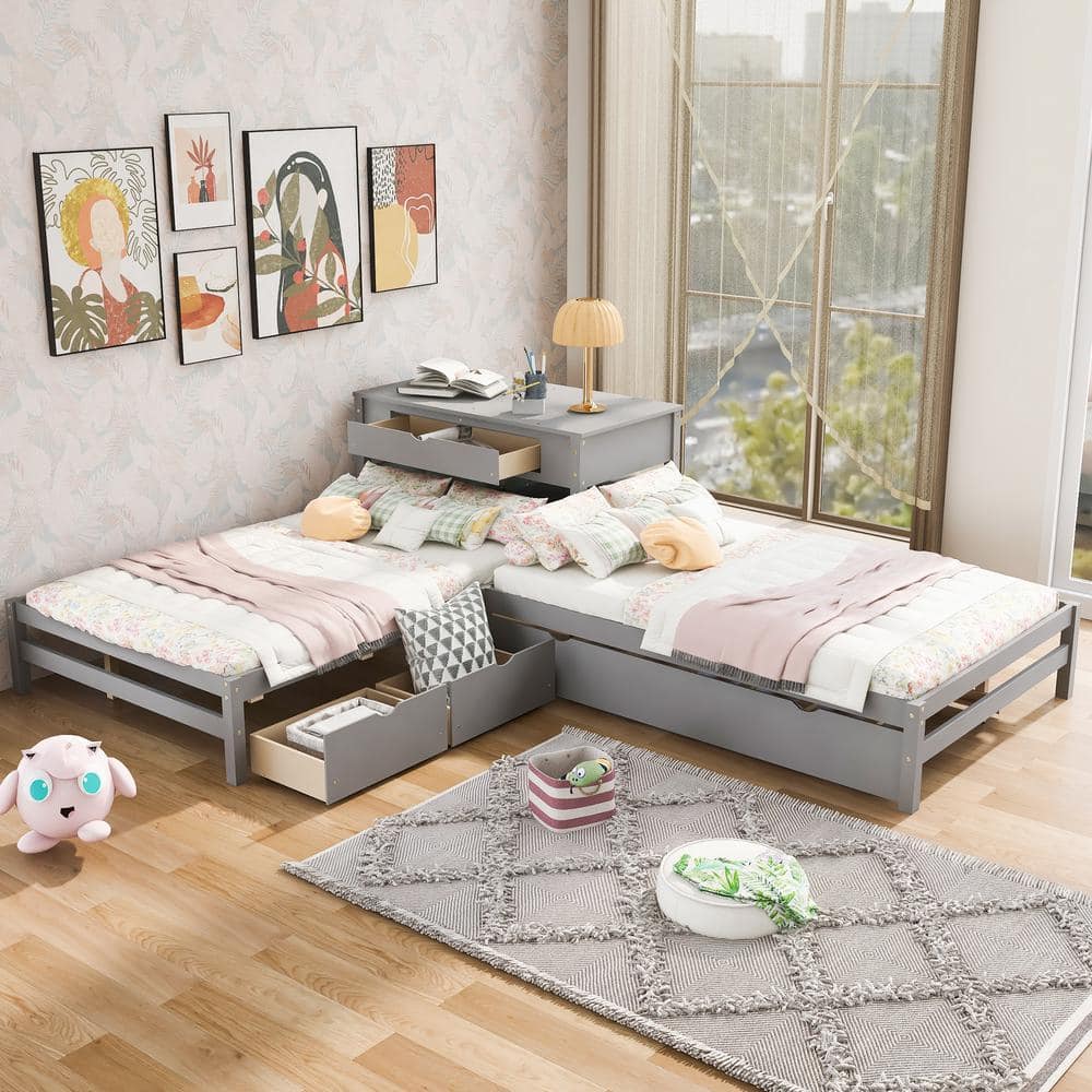 GOJANE 134.90 In. W Gray Full Size L-shaped Platform Beds With Twin ...