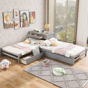 134.90 in. W Gray Full Size L-shaped Platform Beds with Twin Size Trundle and Drawers