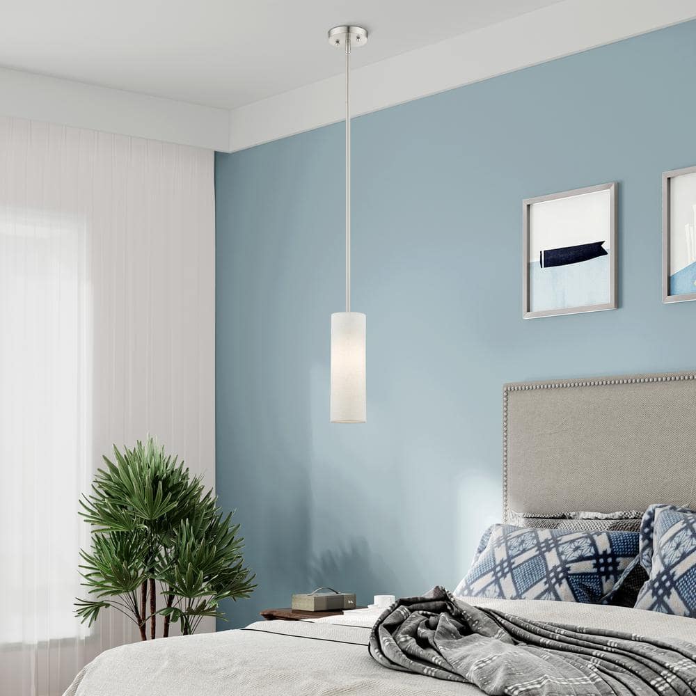 Contemporary Brushed Nickel Mini Pendant with Oatmeal Fabric Shade