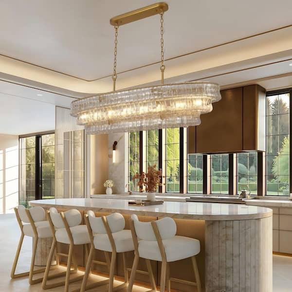 54 in. 8-Light Dimmable LED Brass Kitchen Island Chandelier, Rectangular Glass Chandelier for Dining Room, Living Room