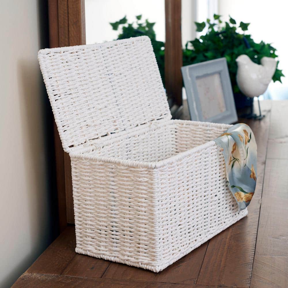Compact White Paper Rope Wicker Storage Basket with Lid