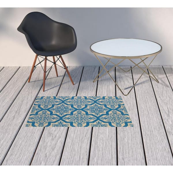 Blue, Beige 2 ft. x 3 ft. Loomed Oriental Polypropylene Rectangle Indoor/Outdoor Area Rug