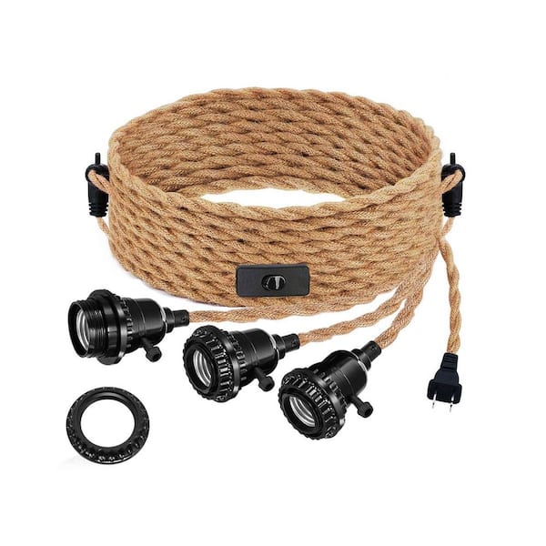 Emeritpro 40 in. 3-Light Modern Plug-In Hanging Pendant Lamp with Black Socket and Braided Rope Without Shade for Kitchen