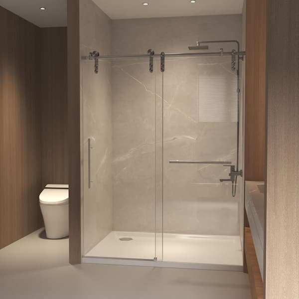 54 in. W x 76 in. H Semi Frameless Sliding Shower Door in Brushed Nickel with Tempered Glass, Stainless Steel Frame