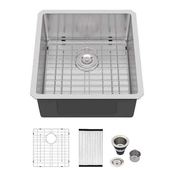 Logmey 17 in. Undermount Single Bowl 16-Gauge Stainless Steel Kitchen Bar Sink RV Sink with Bottom Grid and Drain