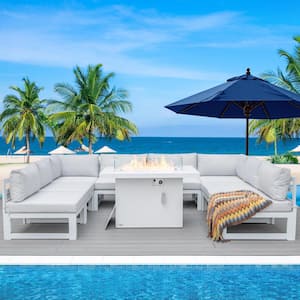 Extra Large 9-Piece White Aluminum Patio Frie Pit Deep Seating Sectional Sofa Set with White Cushions