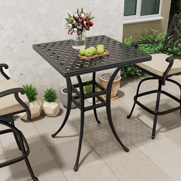 29 in. W x 29 in. D Black Cast Aluminum Outdoor Patio Diamond Grid Tabletop Square Dining Table with Umbrella Hole
