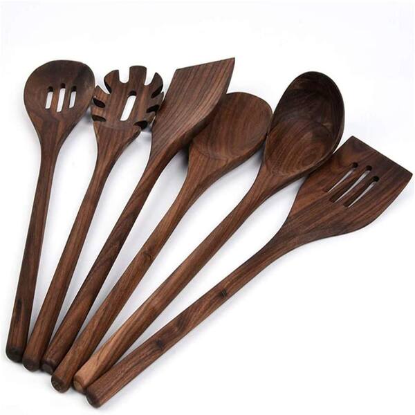 6-Piece Black Walnut Wood Kitchen Utensil Set with Long Handle Spoons, Spatula, and Slotted Spatula for Cooking