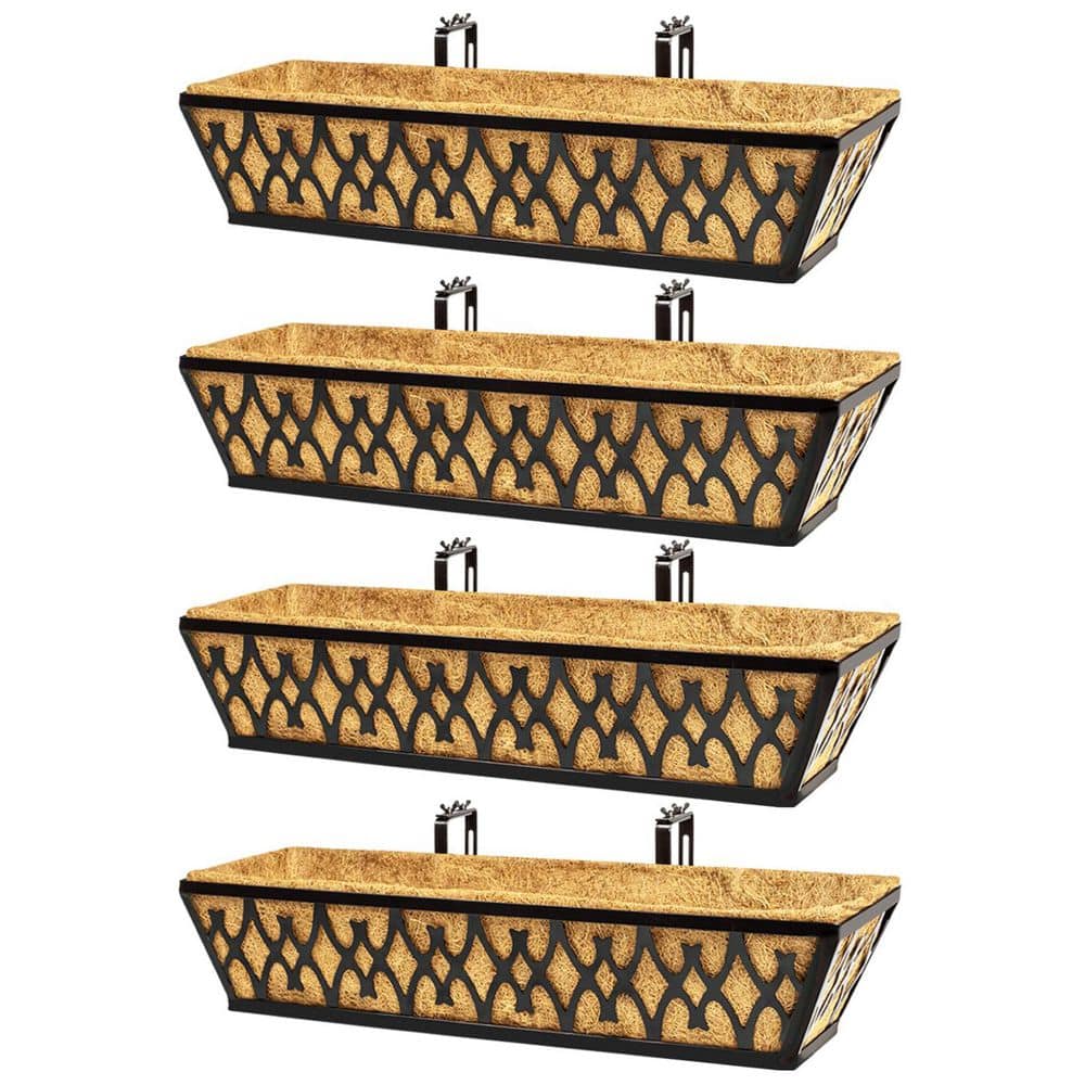 Misopily 24 Inch Black Metal Rectangular Outdoor Window Box Planter with Coconut Liner Adjustable Brackets 4 Pack PH03328B005