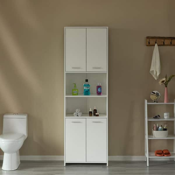 Basicwise Modern White Standing Bathroom Tall Linen Tower Storage Cabinet, Wide