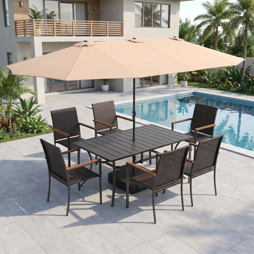 8-Piece Metal Outdoor Dining Set with 59.2 in. Rectangle Patio Table, 6 Brown Wicker Stackable Chairs and Beige Umbrella price history on PriceWatchPro
