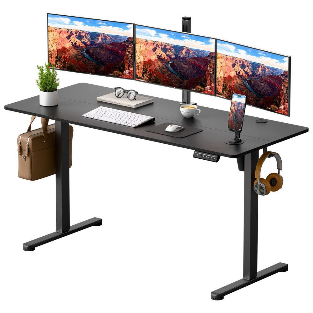 55 in. Rectangular Black Electric Standing Desk with Phone Holder and USB Charging Port