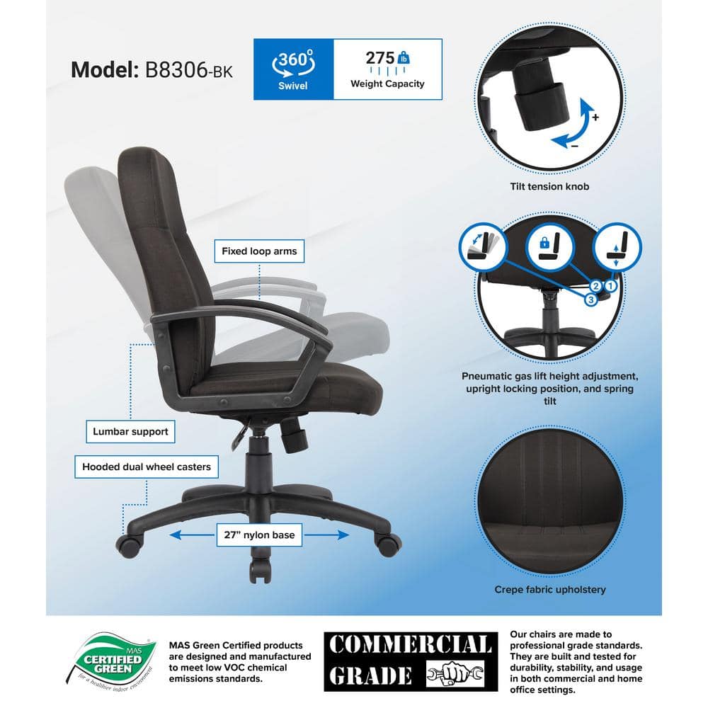 Ergonomic Executive Swivel Office Chair with Lumbar Support, Black Fabric and Wood