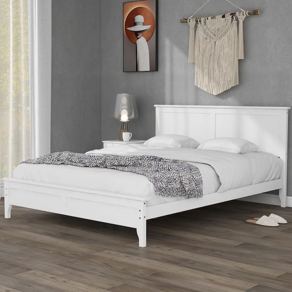 ANBAZAR Modern White 60 in. W Queen Size Platform Bed with Headboard and Footboard Wood Platform Bed Frame with Support Legs