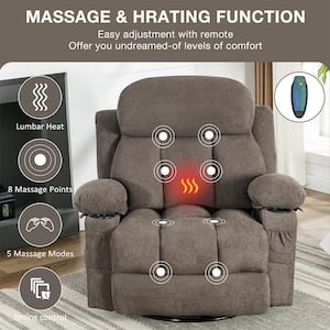 Modern Brown Fabric Manual Recliner Chair with USB and 2 Cup Holders, 360° Rotation Massage Heated Single Sofa Chair