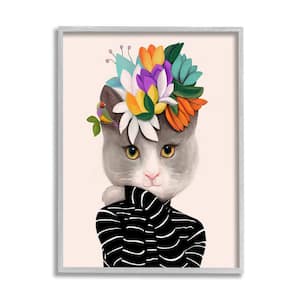 Bold Floral Design Grey Cat Striped Sweater by Ioana Horvat Framed Animal Art Print 14 in. x 11 in.