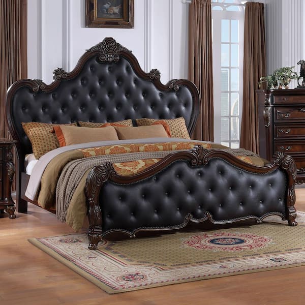 Feliciano Brown Wood Frame Eastern King Panel Bed with Button Tufted Headboard and Carved Details